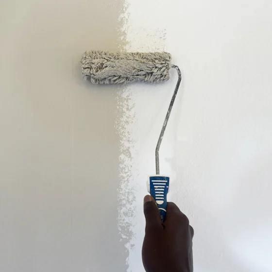 Hand rolling fresh paint onto an interior wall